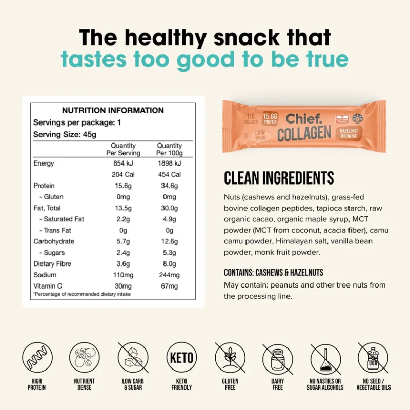Chief Nutrition Hazelnut Brownie Collagen Riegel – proteinreicher Snack mit Haselnuss-Schokoladengeschmack, 12 Stück