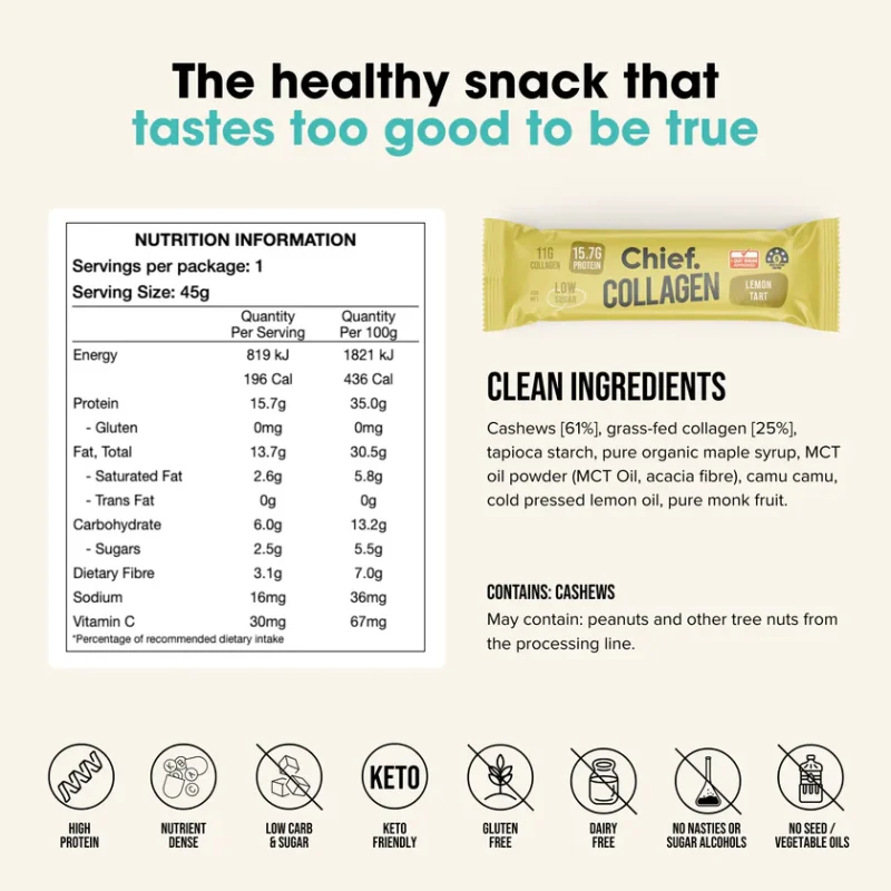 Collagen Protein Riegel mit Zitronentarte-Geschmack von Chief Nutrition – 12er-Pack, reich an Kollagen und ohne Zusatzstoffe