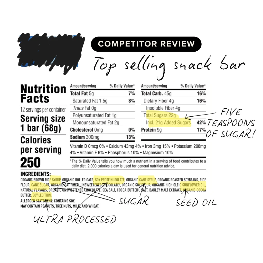 Vergleich eines beliebten Proteinriegels mit Chief Collagen Bar – hoher Zuckergehalt, Samenöle, ultra-verarbeitet vs. natürliche Zutaten.