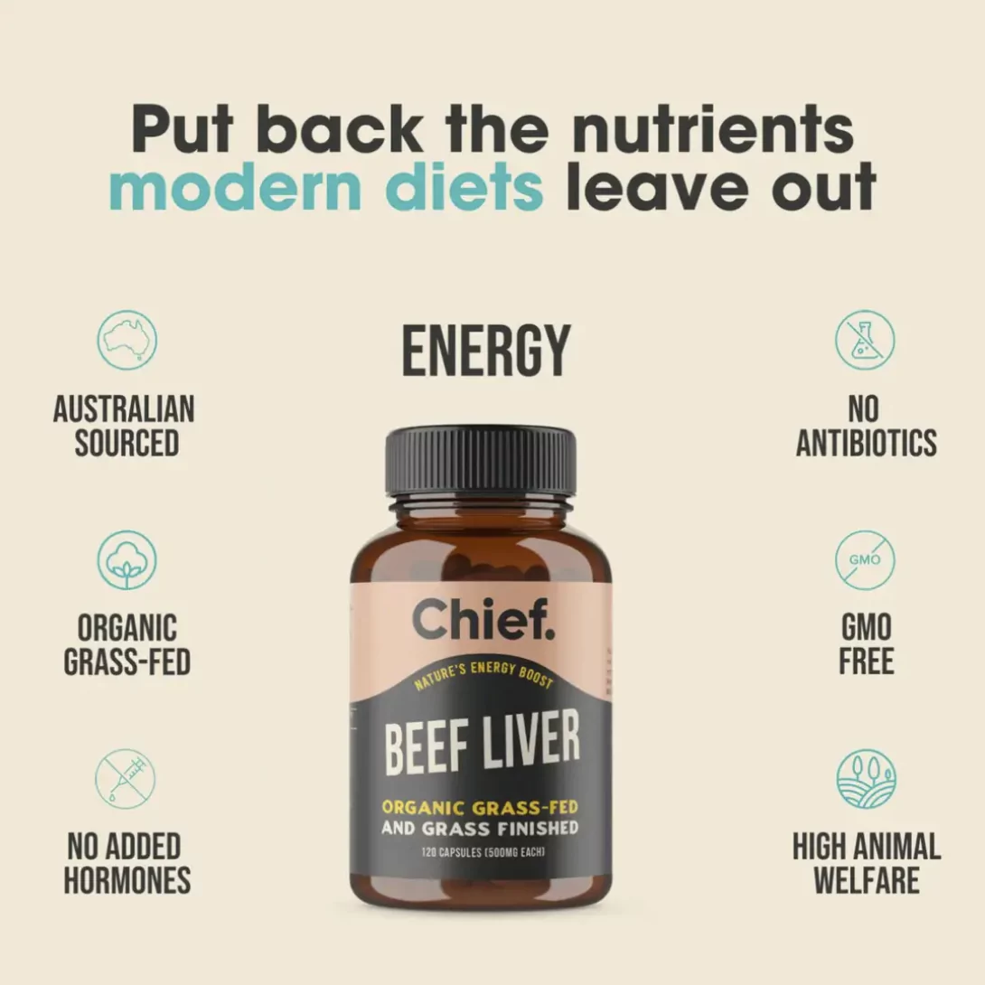 Chief’s Beef Liver als Quelle für Energie, ohne Antibiotika, GMO-frei, organisch und mit hohem Tierwohl hergestellt.