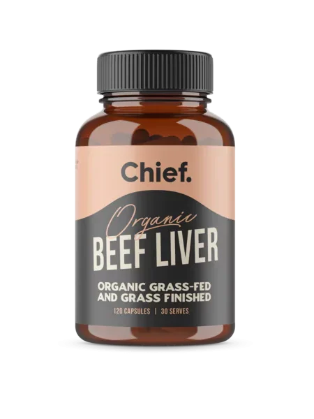 Chief’s Organic Beef Liver in einer braunen Flasche, hergestellt aus organischem, grasgefüttertem Rindfleisch, für Energie und Vitalität