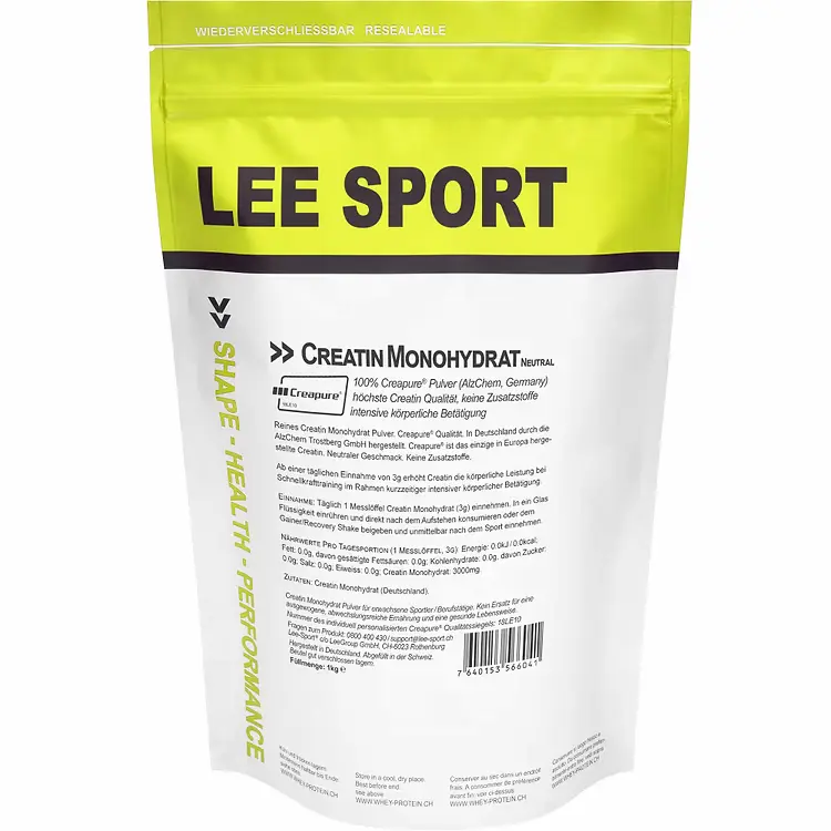LEE SPORT Creapure® Creatin Monohydrat Neutral Pulver in wiederverschliessbarer Verpackung – 100% reines Creatin ohne Zusatzstoffe