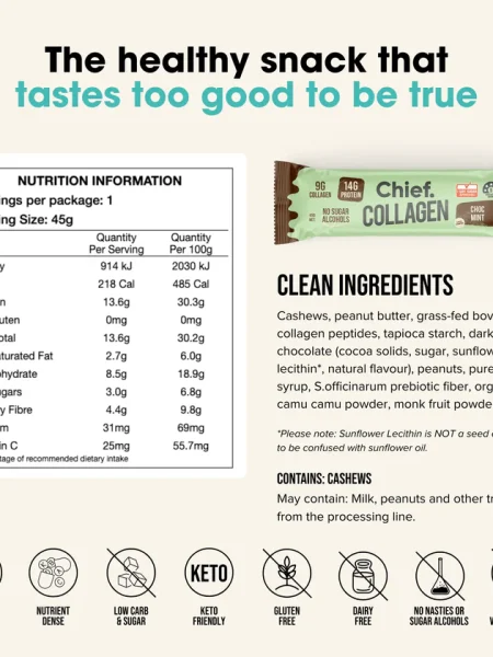 Chief Collagen Protein Riegel Choc Mint – 14 g Protein, mit Erdnussbutter und Kollagen, gluten- & zuckerfrei