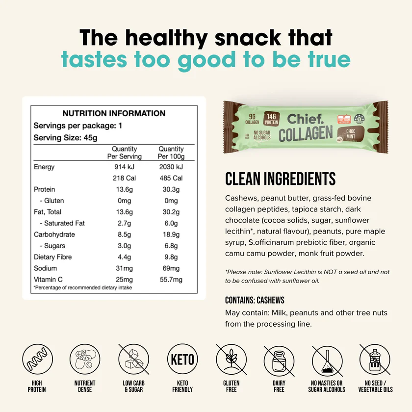 Chief Collagen Protein Riegel Choc Mint – 14 g Protein, mit Erdnussbutter und Kollagen, gluten- & zuckerfrei