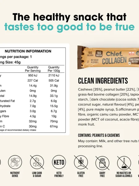Chief Collagen Protein Riegel Choc Peanut Butter – 16 g Protein, mit Erdnussbutter & Kollagen, frei von künstlichen Zusätzen