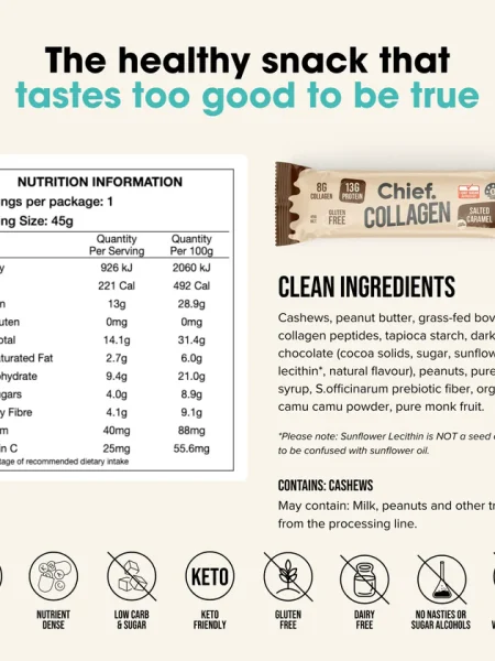 Nährwertangaben und Inhaltsstoffe des Chief Collagen Proteinriegels in Salted Caramel Geschmack – glutenfrei, keto-freundlich, ohne Zuckeralkohole