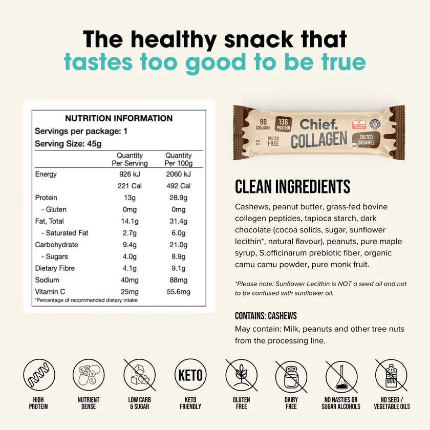 Nährwertangaben und Inhaltsstoffe des Chief Collagen Proteinriegels in Salted Caramel Geschmack – glutenfrei, keto-freundlich, ohne Zuckeralkohole
