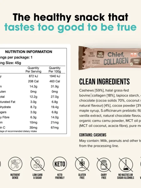 Chief Collagen Protein Riegel Double Choc – 14 g Protein, ohne Zuckeralkohole, glutenfrei, keto-freundlich