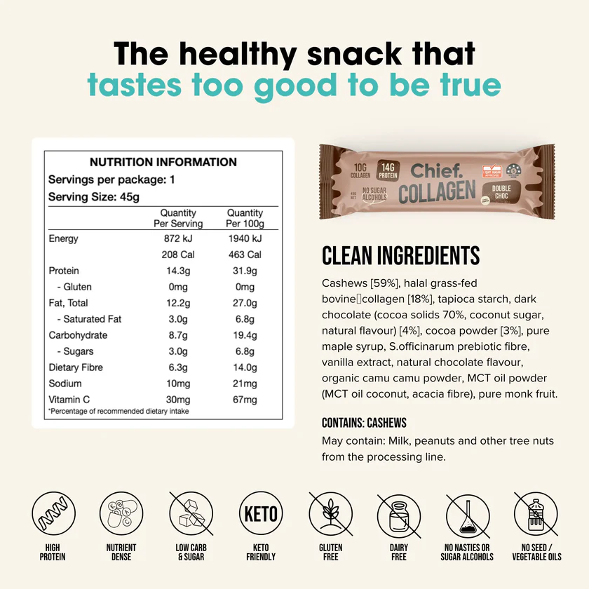 Chief Collagen Protein Riegel Double Choc – 14 g Protein, ohne Zuckeralkohole, glutenfrei, keto-freundlich