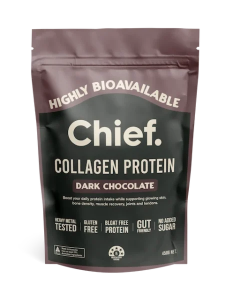 Chief Collagen Protein Pulver Dark Chocolate (Dunkle Schokolade) 450g – Hohe Bioverfügbarkeit, schadstoffgeprüft und ohne Zuckerzusatz.