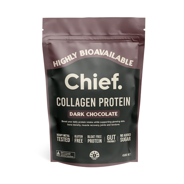 Chief Collagen Protein Pulver Dark Chocolate (Dunkle Schokolade) 450g – Hohe Bioverfügbarkeit, schadstoffgeprüft und ohne Zuckerzusatz.