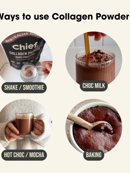 Vier Anwendungsarten für Kollagenpulver mit Bildern: Shake oder Smoothie, Schokoladenmilch, heiße Schokolade oder Mocha sowie Backen. Perfekte Einsatzmöglichkeiten für gesundheitsbewusste Ernährung.
