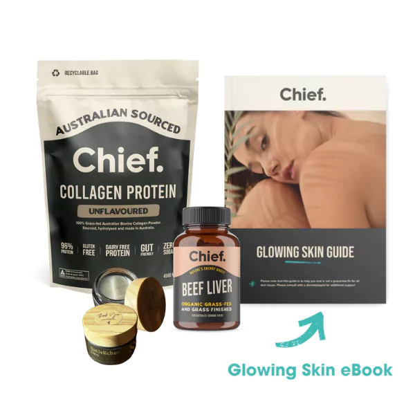 Kollagenprotein-Beutel, Rinderleber-Kapseln, Hautpflegeprodukte und ein eBook mit dem Titel ‚Glowing Skin Guide‘. Produkte für strahlende Haut und Gesundheit.