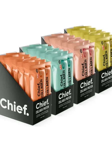 Chief Collagen Proteinriegel Sparpaket mit vier Geschmacksrichtungen in schwarzer Verkaufsbox – Low Sugar, 16 g Protein pro Riegel