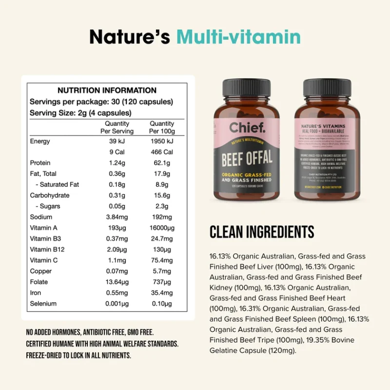 Tabelle mit Nährwertangaben und Inhaltsstoffen der Chief. Beef Offal Kapseln. Neben der Dose sind Zutaten wie Rinderleber, Herz, Niere, Milz und Zunge aus Weidehaltung genannt.
