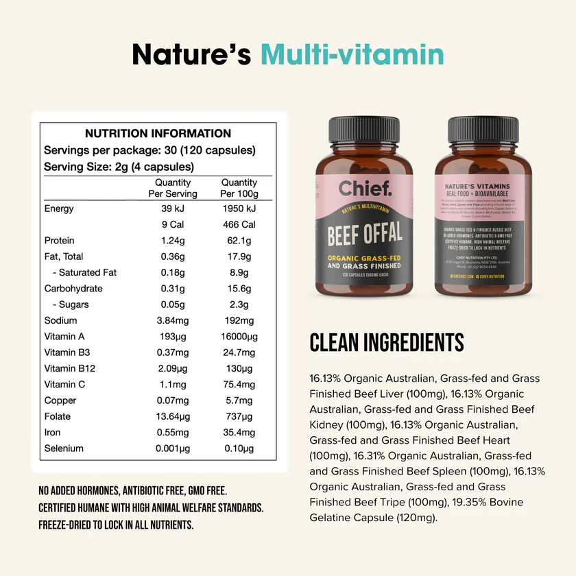 Tabelle mit Nährwertangaben und Inhaltsstoffen der Chief. Beef Offal Kapseln. Neben der Dose sind Zutaten wie Rinderleber, Herz, Niere, Milz und Zunge aus Weidehaltung genannt.
