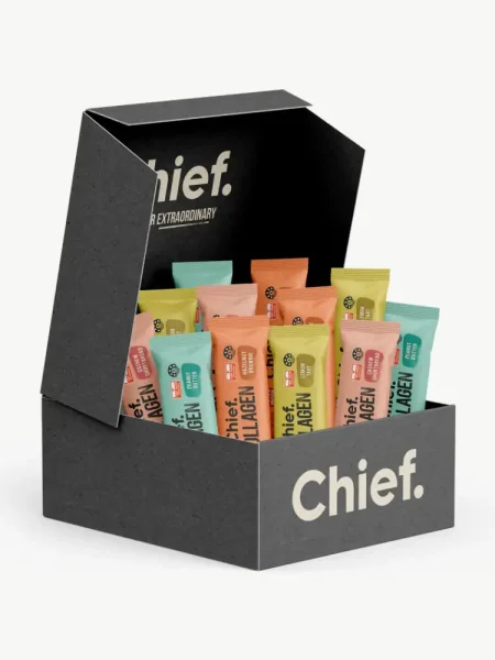 Chief Kollagen Proteinriegel Probierbox Multipack: 16g Protein, zuckerarme Riegel in verschiedenen Geschmacksrichtungen – gesunder Snack.