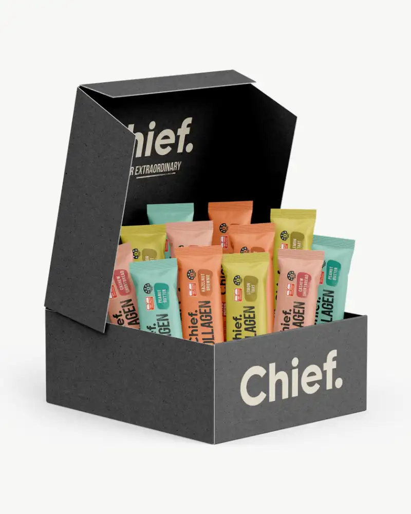 Chief Kollagen Proteinriegel Probierbox Multipack: 16g Protein, zuckerarme Riegel in verschiedenen Geschmacksrichtungen – gesunder Snack.