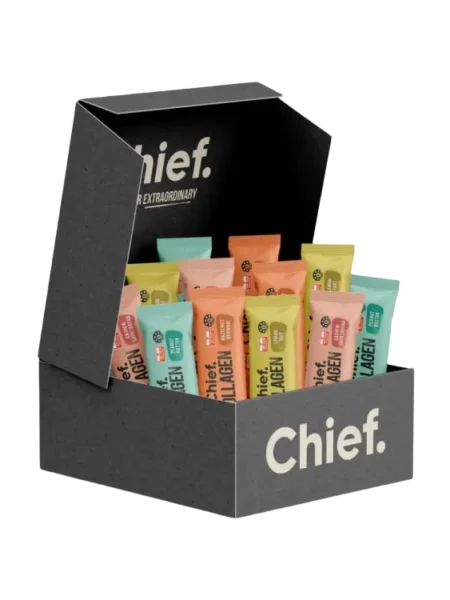 Chief Kollagen Proteinriegel Probierbox Multipack: 16g Protein, zuckerarme Riegel in verschiedenen Geschmacksrichtungen – gesunder Snack.