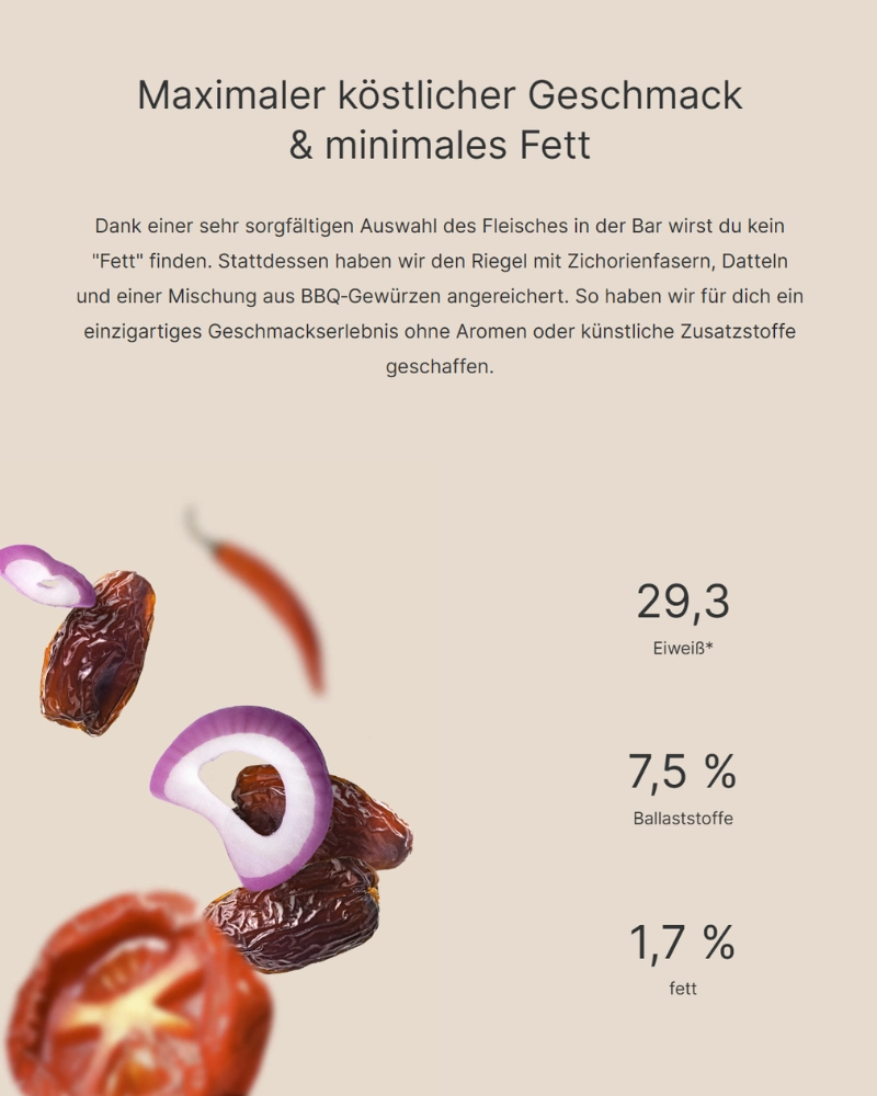 Rindfleisch-Proteinriegel mit hochwertigem Eiweiß, wenig Fett und natürlichen Zutaten – gesunder Snack für Sportler