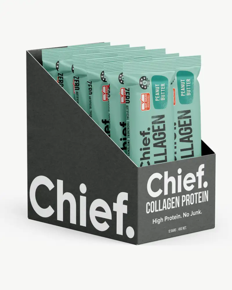 Chief Kollagen Proteinriegel Peanut Butter (Erdnussbutter) 12er Box Display. Zuckerarmer High Protein Kollagen-Riegel für Keto und Low-Carb.