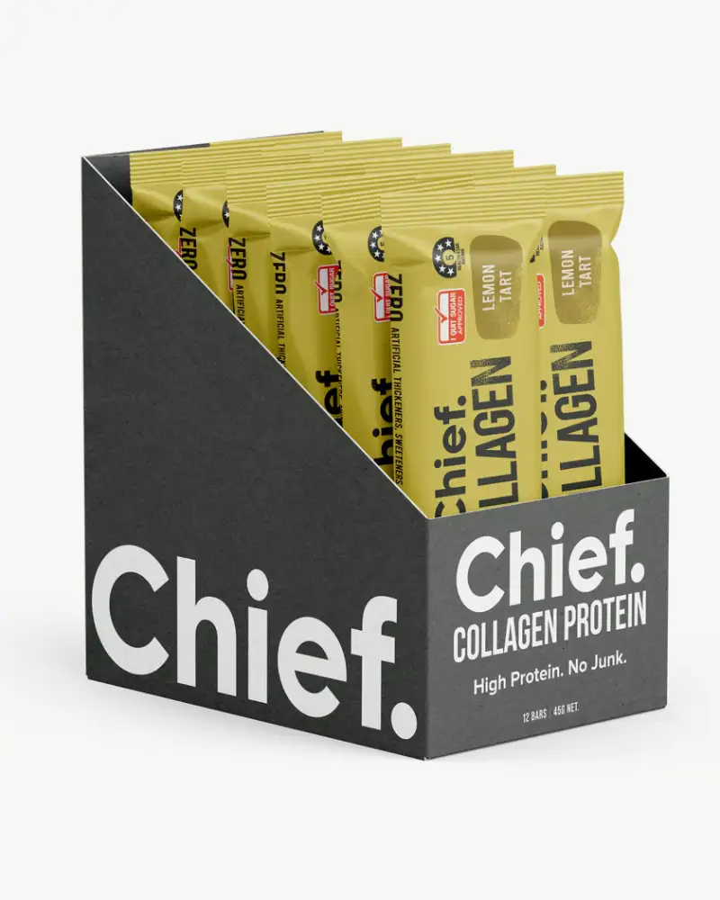 Chief Kollagen Proteinriegel Lemon Tart (Zitronen-Tarte) 12er Box Display. Zuckerarmer High Protein Kollagen-Riegel mit 16g Protein