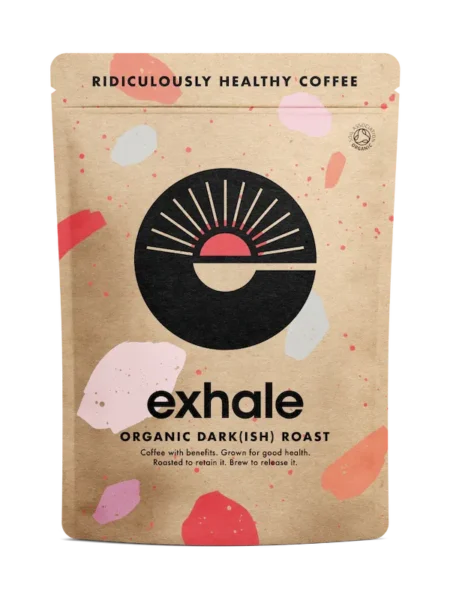 Exhale Organic Dark Roast Kaffee in nachhaltiger Verpackung mit modernem Design