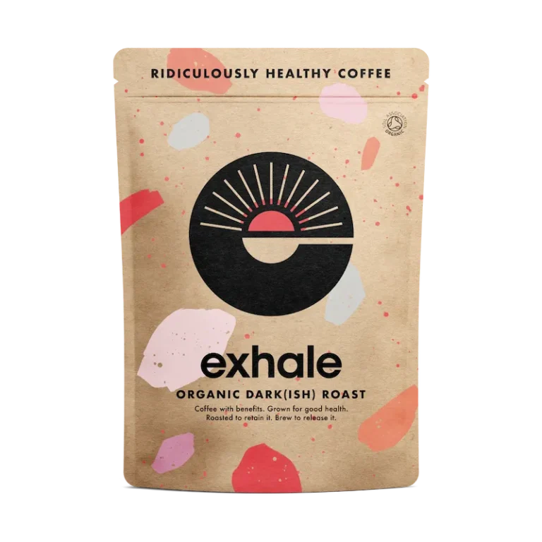 Exhale Organic Dark Roast Kaffee in nachhaltiger Verpackung mit modernem Design