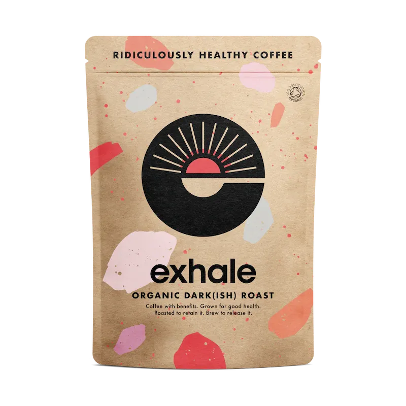 Exhale Organic Dark Roast Kaffee in nachhaltiger Verpackung mit modernem Design