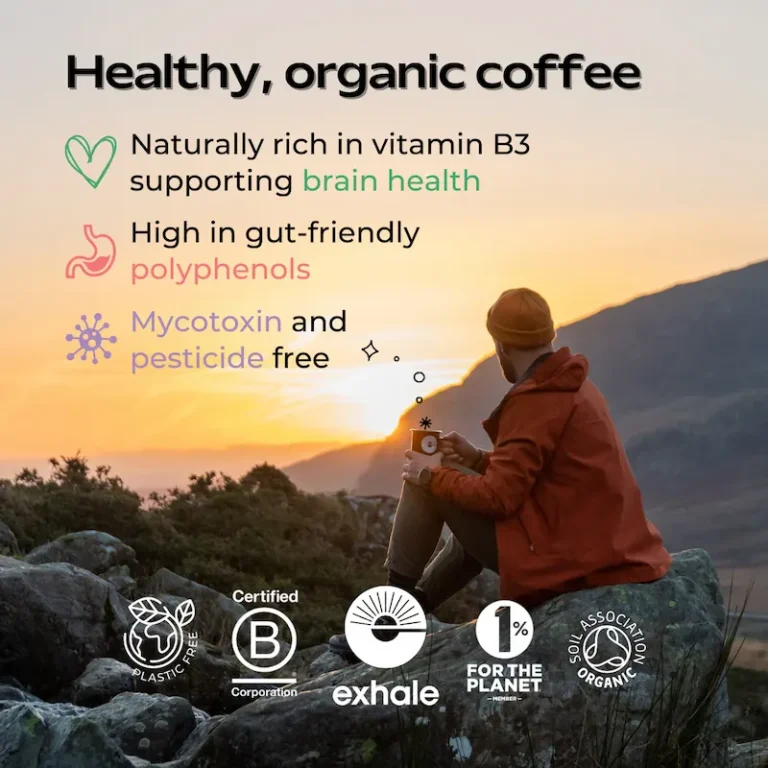 Exhale gesunder Bio-Kaffee reich an Vitamin B3 und Polyphenolen, frei von Mykotoxinen