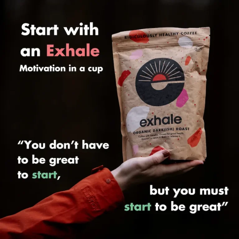 Motivierendes Exhale Organic Coffee Paket mit Zitat und gesundem Kaffee