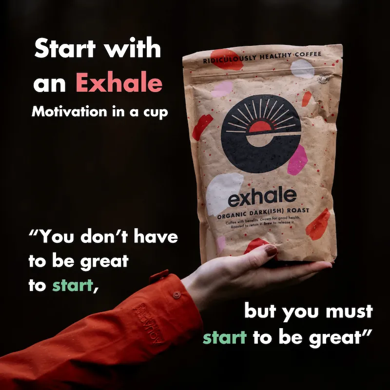 Motivierendes Exhale Organic Coffee Paket mit Zitat und gesundem Kaffee
