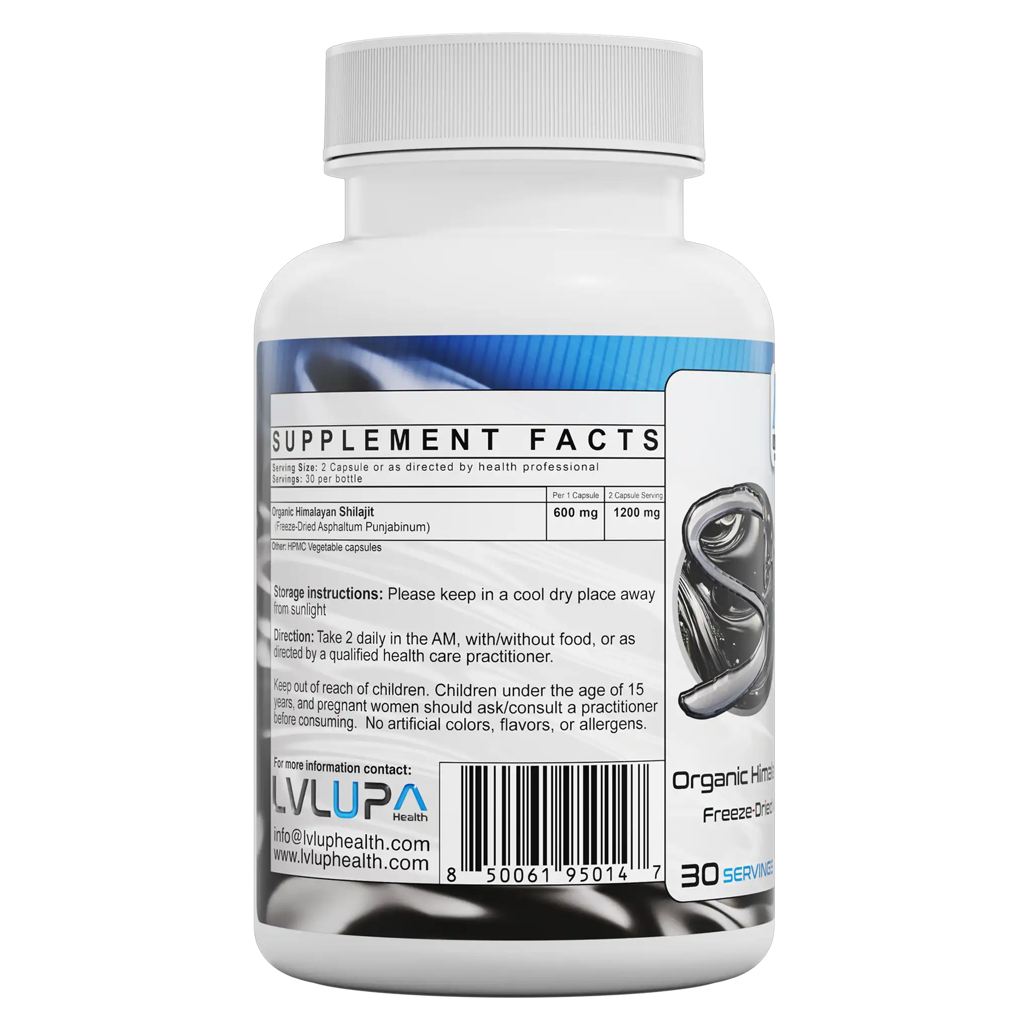 Supplement Facts und Dosierung für LVLUP Health Organic Himalayan Shilajit. 600mg pro Portion (2 Kapseln)