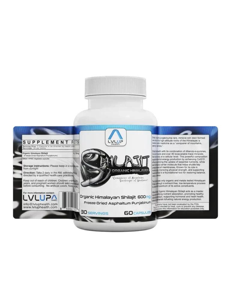 Vollständige Ansicht der Shilajit-Flasche mit Supplement Facts und Beschreibung der Vorteile für mitochondriale Energie.