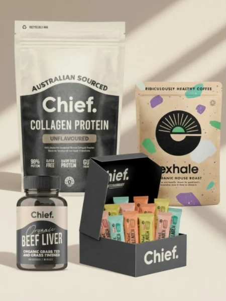 Gesunde Nahrungsergänzung und Bio-Kaffee: Chief. Collagen, Beef Liver und Exhale Kaffee Produktfoto