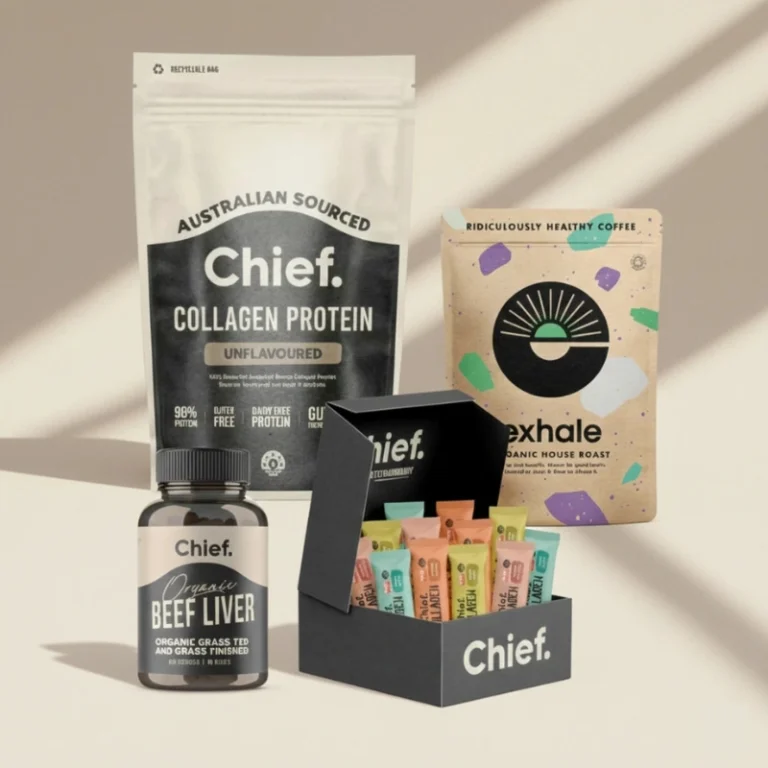 Gesunde Nahrungsergänzung und Bio-Kaffee: Chief. Collagen, Beef Liver und Exhale Kaffee Produktfoto