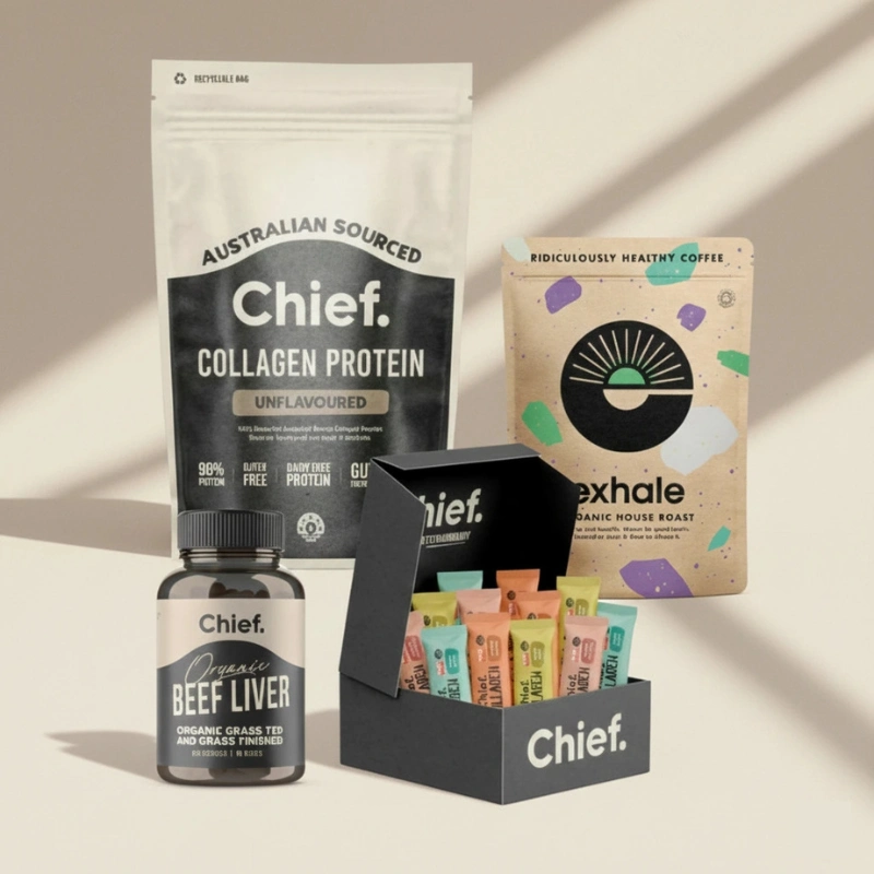 Gesunde Nahrungsergänzung und Bio-Kaffee: Chief. Collagen, Beef Liver und Exhale Kaffee Produktfoto