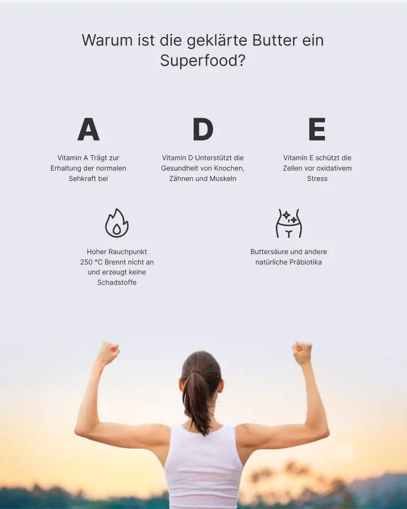 BIO Ghee Superfood Vorteile Vitamine A D E hoher Rauchpunkt 250 Grad Buttersäure Präbiotika