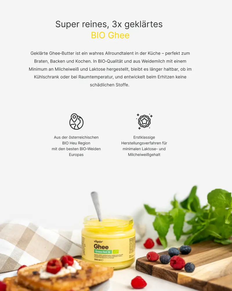 BIO Ghee Grass-fed 3x geklärt laktosefrei Vilgain Butterschmalz aus Weidehaltung