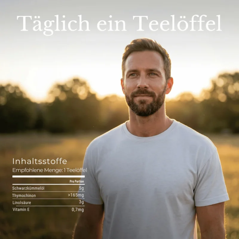 Schwarzkümmelöl Äthiopisch 18 E.B. Nature Schwarzkümmelöl Dosierung und Anwendung mit Angabe der Inhaltsstoffe pro Portion
