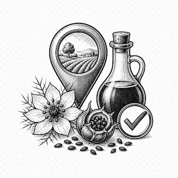 Ein Herkunfts-Icon für die Schwarzkümmelöl Gewinnung mit Nigella Sativa Blüte, Samen, Ölflasche und Standort-Pin.