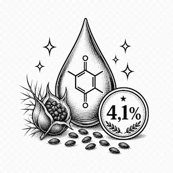 Ein Inhaltsstoffe-Icon für den Schwarzkümmelöl Thymoquinon Gehalt von 4,1 Prozent mit Öltropfen und chemischer Strukturformel.