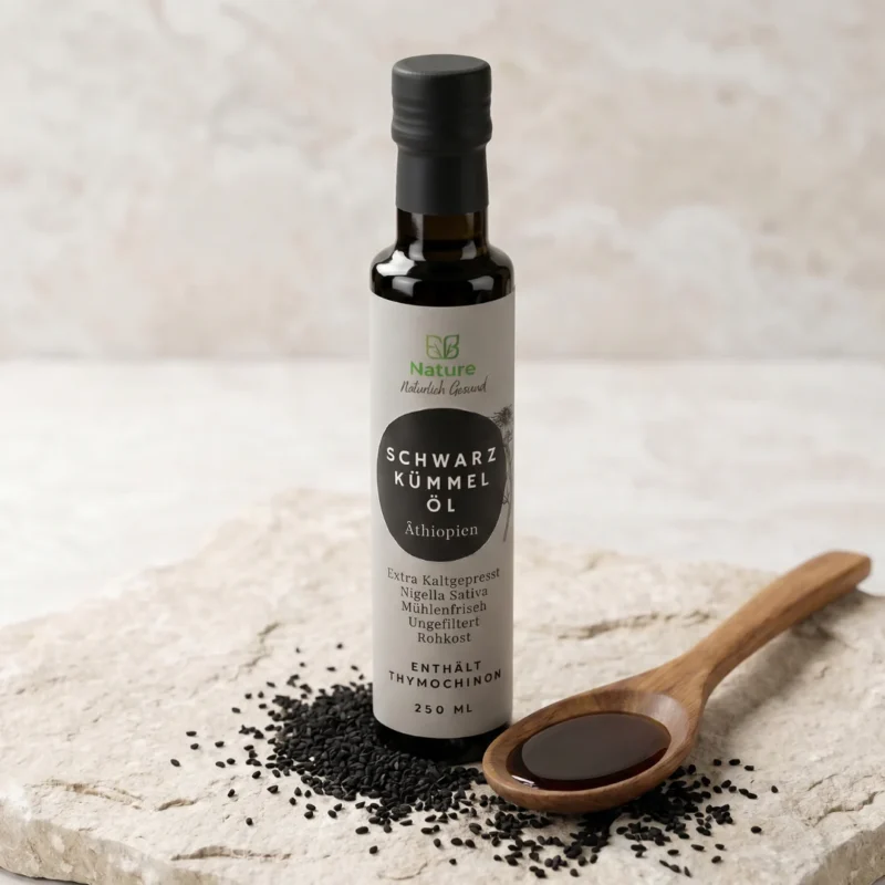 Schwarzkümmelöl Äthiopisch 12 E.B. Nature Schwarzkümmelöl kaufen in der Schweiz: Premium Nigella Sativa Öl, ungefiltert und mühlenfrisch.