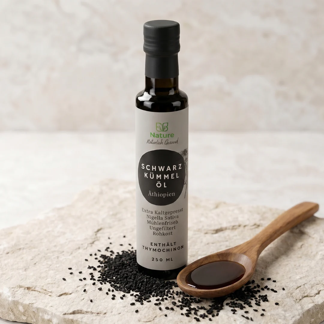 Schwarzkümmelöl Äthiopisch 2 E.B. Nature Schwarzkümmelöl kaufen in der Schweiz: Premium Nigella Sativa Öl, ungefiltert und mühlenfrisch.