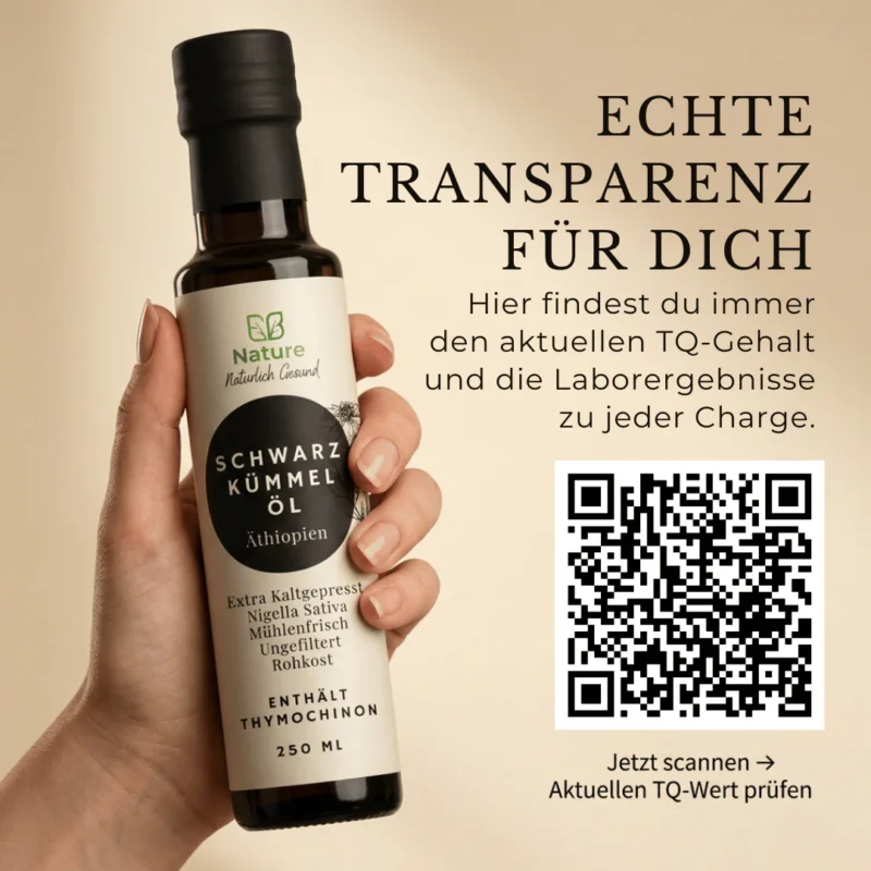Schwarzkümmelöl Äthiopisch 13 Schwarzkümmelöl aus Äthiopien mit QR-Code zur Chargenanalyse und aktuellem TQ-Gehalt