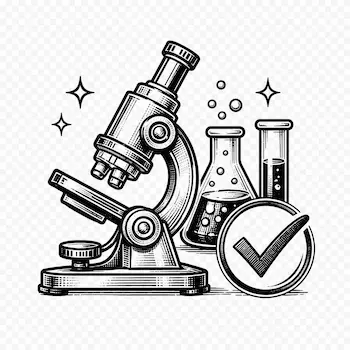 Schwarzkümmelöl Äthiopisch 28 Ein Gütesiegel-Icon für die Schwarzkümmelöl Prüfung im Labor mit Mikroskop und Reagenzglas für zertifizierte Qualität.