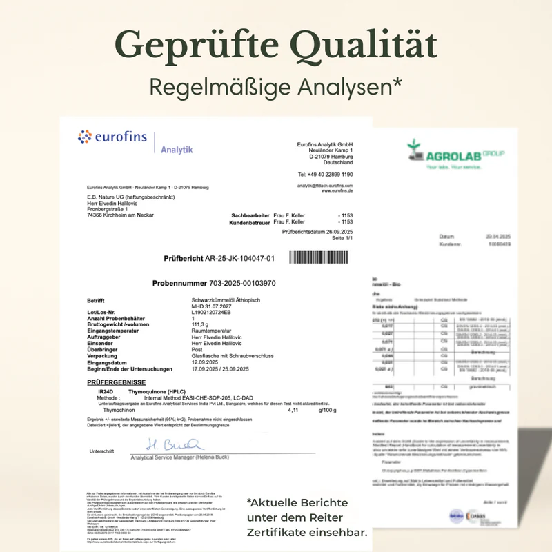 Schwarzkümmelöl Äthiopisch 27 Unabhängiges Zertifikat zum E.B. Nature Schwarzkümmelöl mit Bestätigung der Laborwerte durch regelmässige Analysen.
