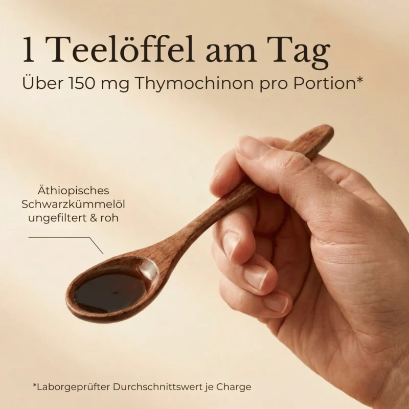 Schwarzkümmelöl Äthiopisch 14 Tägliche Einnahme für die optimale Schwarzkümmelöl Wirkung: Ein Teelöffel ungefiltertes, rohes Öl von E.B. Nature.