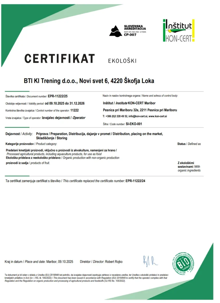 Bio-Zertifikat von KON-CERT Maribor für BTI KI Trening d.o.o.