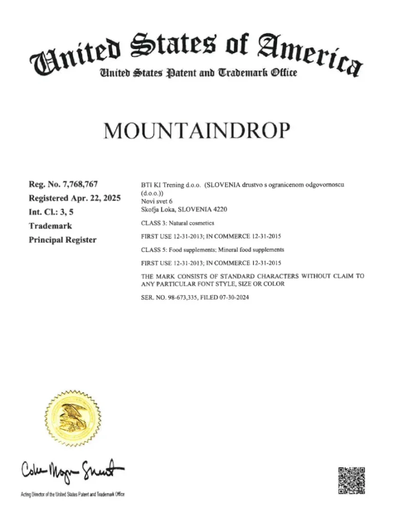 Eintragung der Marke Mountaindrop beim USPTO